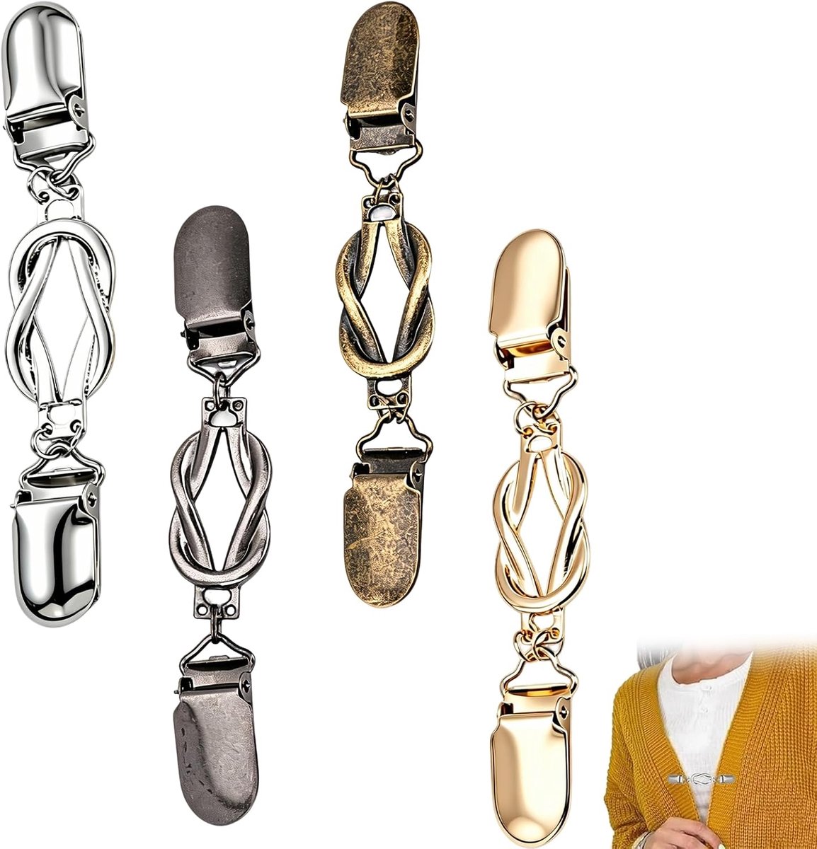 4 Stuks Vintage Kledingclips, Vestclips 13 x 1,6 cm in Goud, Gunmetal, Koper en Zilver, Antislip Jurkclips voor Vest, Trui, Sjaal, Blouse en Kraag