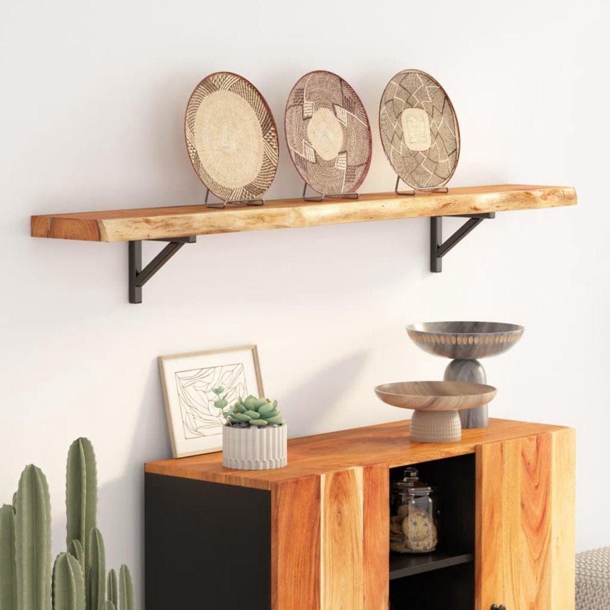 Wandplank van massief acaciahout 140 x 20 x 3,8 cm aan de rand