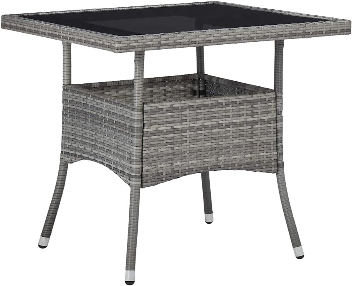 Rieten Vierkante Buiteneettafel met Glazen Blad, Weerbestendige Terrastafel voor Achtertuin, Balkon, Tuin (Grijs)