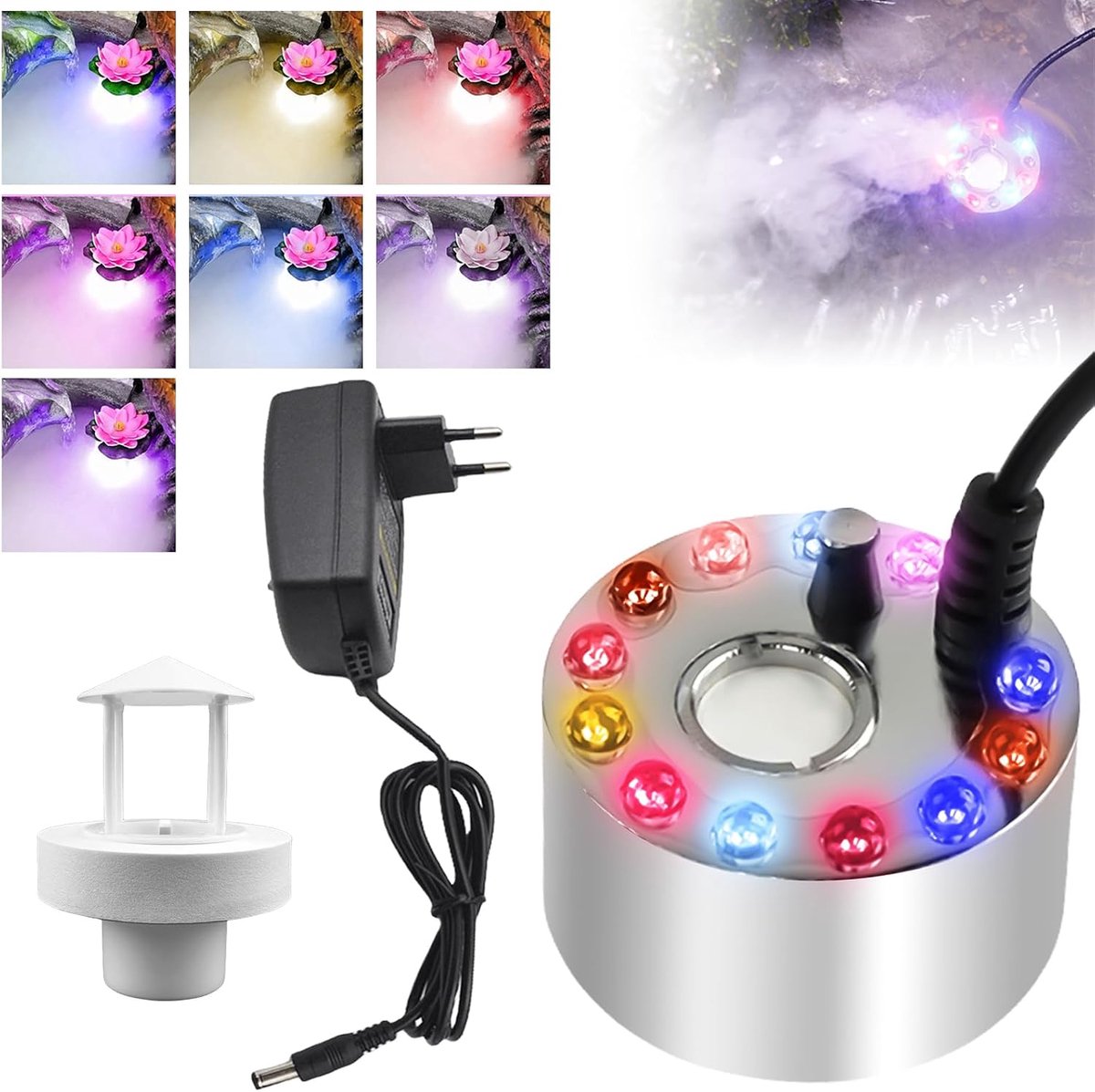 Mistmachine, met witte afneembare spatbescherming, mistgenerator, mistmachine, mini-fogger met 12 lampen, voor waterfontein, vijver, pot, rotstuin, feestdagen, Halloween party