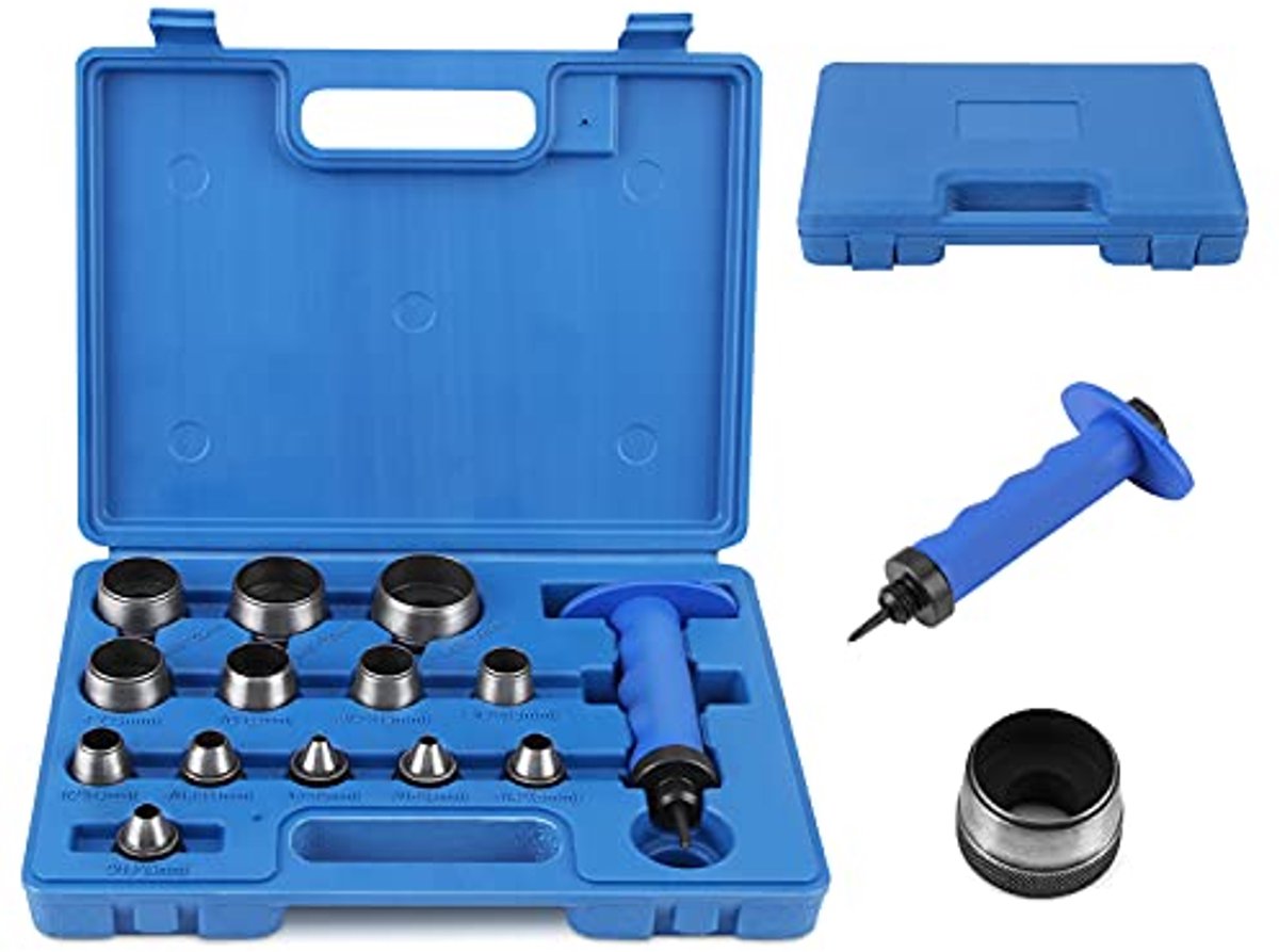 ponsset, 13-delige stalen slijtvaste lederen gaten ponsen riem perforator perforator punch set met 13 verwisselbare ponsen gemarkeerde maten draagbare ponsgereedschap voor leer plastic rubber