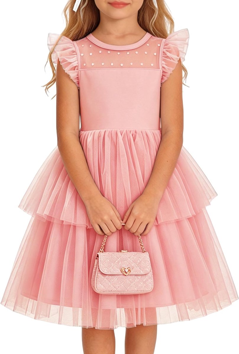 Jurk voor meisjes, zomer, ruches, prinsessenjurk, elegant, A-lijn, feestjurk, casual, kinderen, ronde hals, effen, verjaardagsjurk, casual, bruiloft