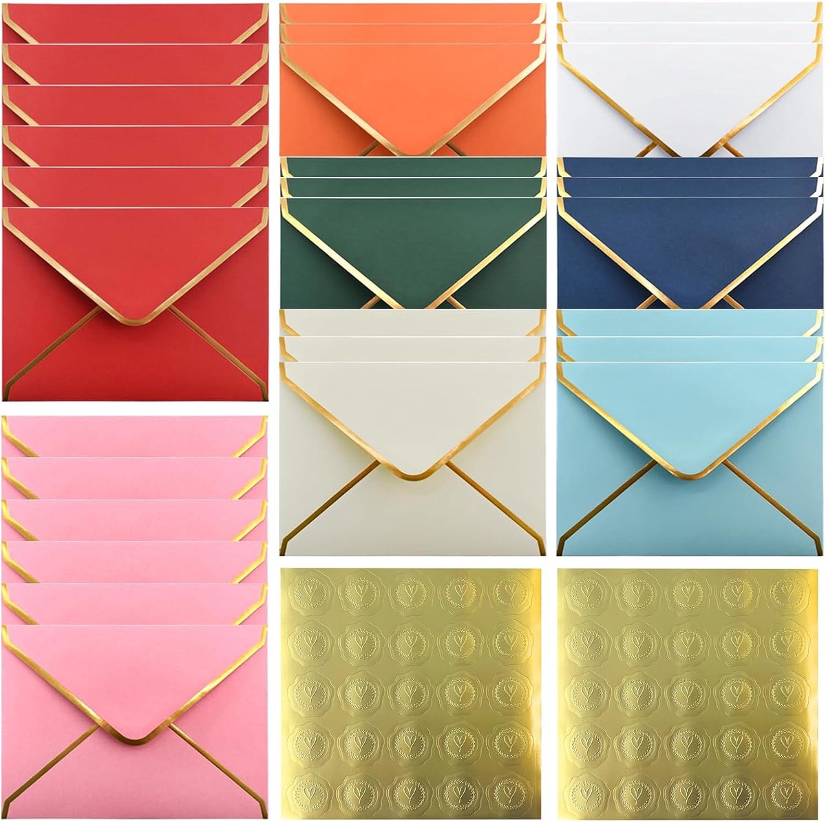30 stuks enveloppen, mini-enveloppen met gouden rand, enveloppen voor kleurrijke brieven met V-vormige klep, envelop van papier in hartvorm, voor verjaardag, bruiloft, doop, uitnodigingen