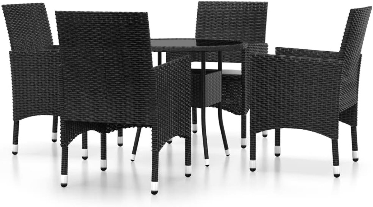 5-delige tuineetset polyrotan zwart met gepoedercoat stalen frame en glasplaat van gehard glas, dik gevoerde kussens voor hoog zitcomfort, maximale belastbaarheid 110