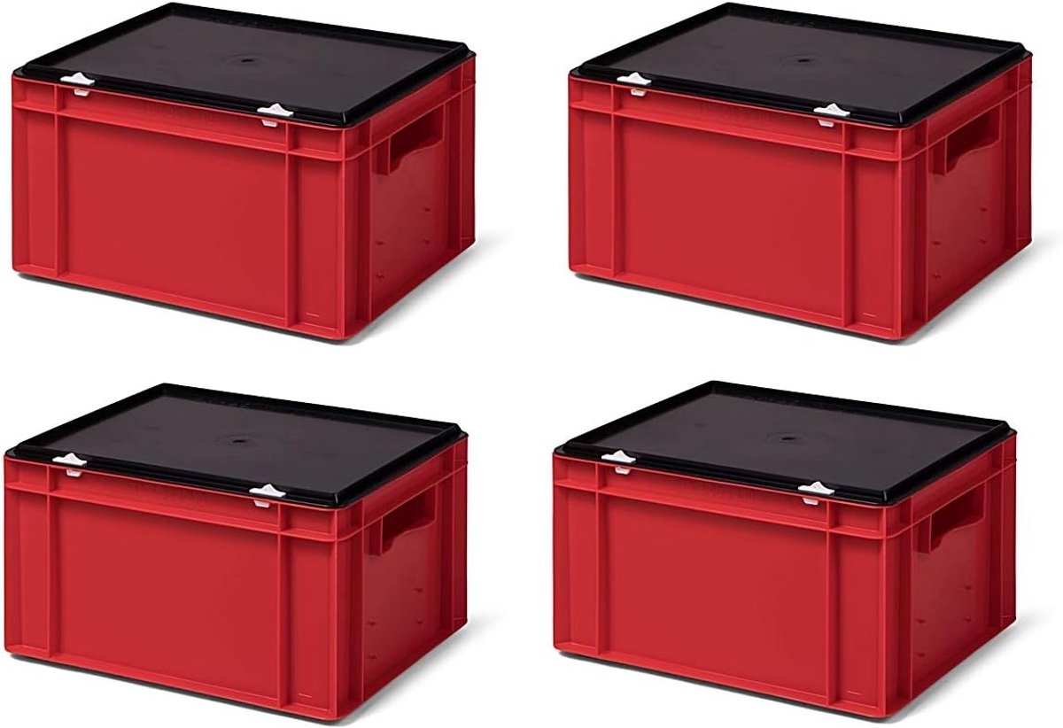 4 stuks TK421-VD, Transportstapelbak rood met zwart afsluitdeksel, 400x300x221/210 mm (LxBxH), volume 19 liter, draagvermogen 40 kg, voedselveilige industriekwaliteit van PP