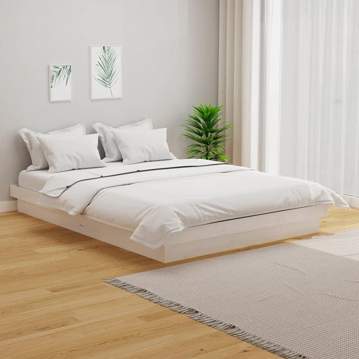 Houten bedframe wit 120x190 cm stevig grenenhout lattenbodem inbegrepen rustieke uitstraling slaapkamer logeenkamer naturel hout