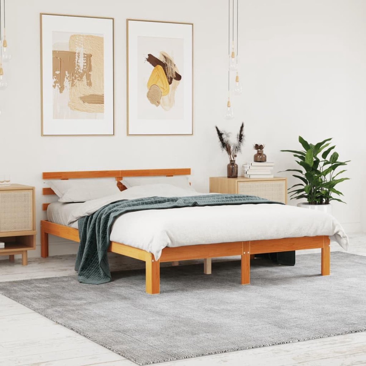 Frames en Bedden, Bedframe Zonder Matras Wax Bruin 135 x 190 cm Dubbel Massief Houten Pine