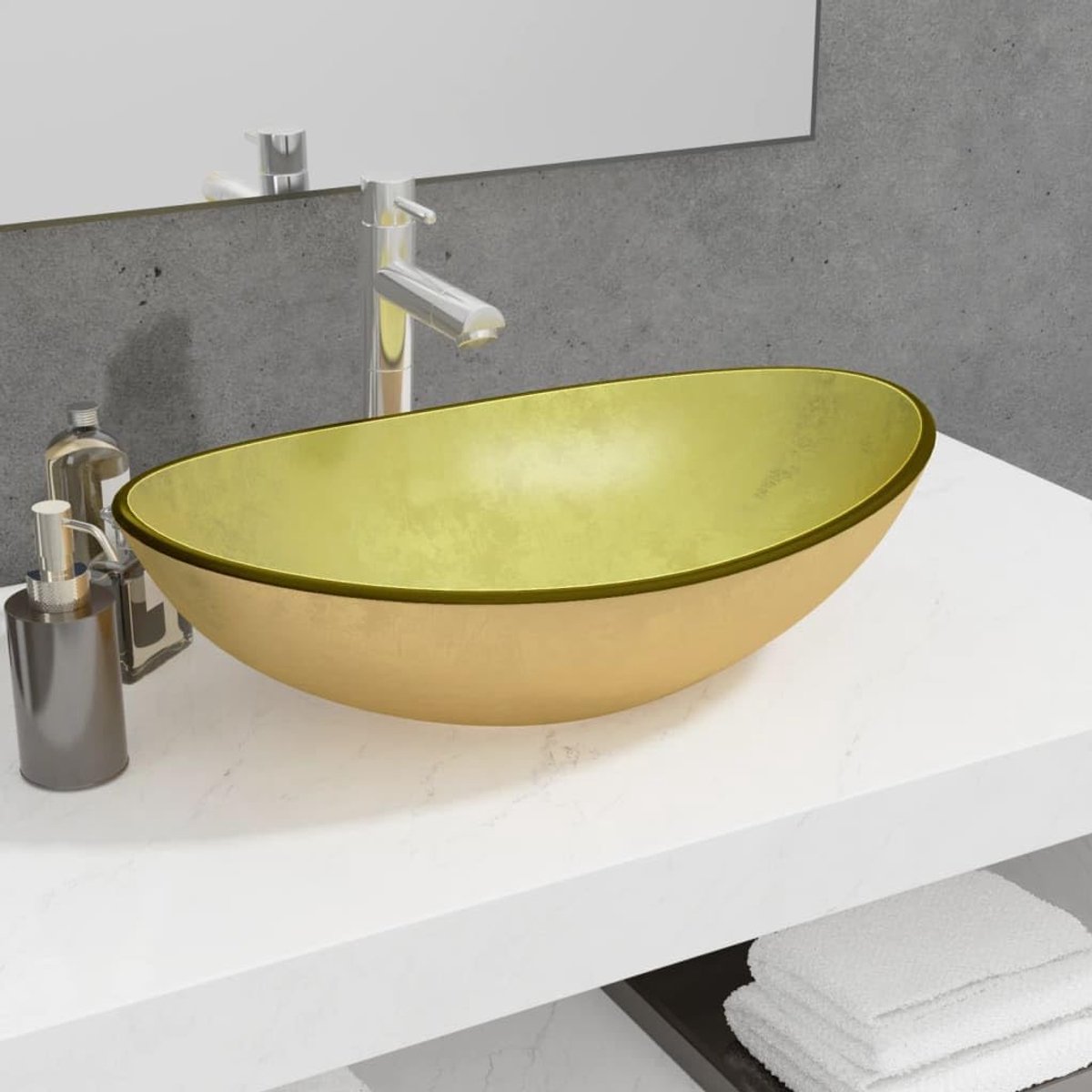 Opzetwastafel van gehard glas, 54,5 x 35 x 15,5 cm, goud, modern design voor badkamer en gastentoilet