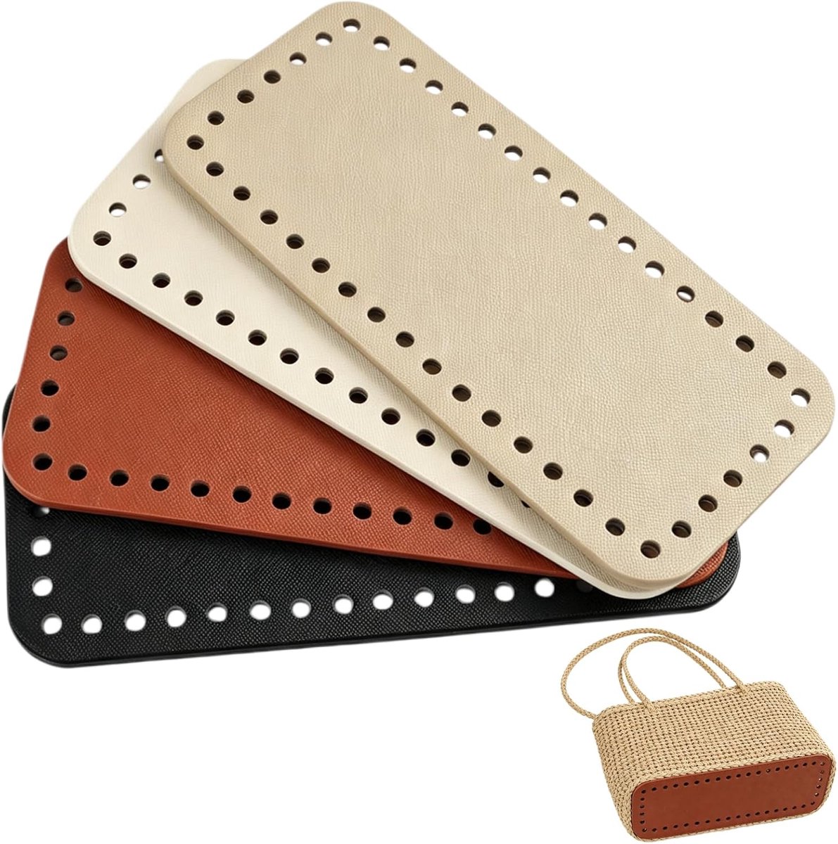 4 stuks ovale tas bodem haak van PU-leer, tas met haak voor handgeweven haken, DIY, 18 x 8 cm, klassieke kleuren (materiaal beige, zwart, bruin en goud)