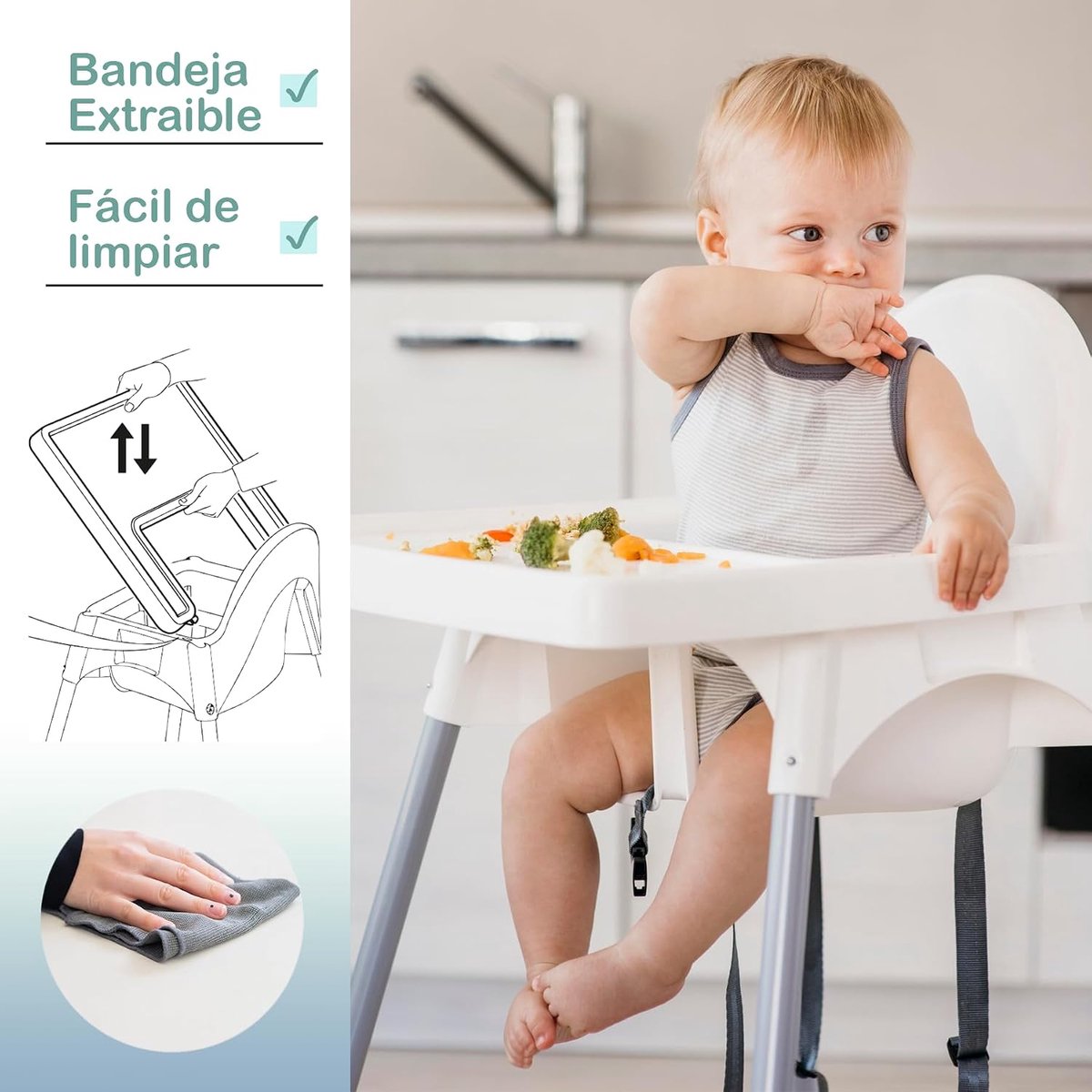 Hoge Kinderstoel met Afneembaar Dienblad – Stapelbaar, Demonteerbaar en Veilig – Stalen Poten – Compatibel met Ikea Antilop – Voor Thuis en Horeca – foto 7