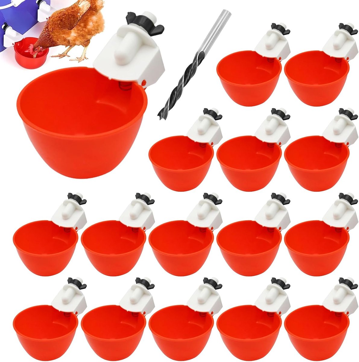 17 stuks kippendrinken, kippenwaterdispenser, doe-het-zelf kippenwaterbeker, automatische gevogeltedrinkbak met boor, kunststof, kippendrinker, bekers voor kip, eend, gans, kalkoen, kwartels