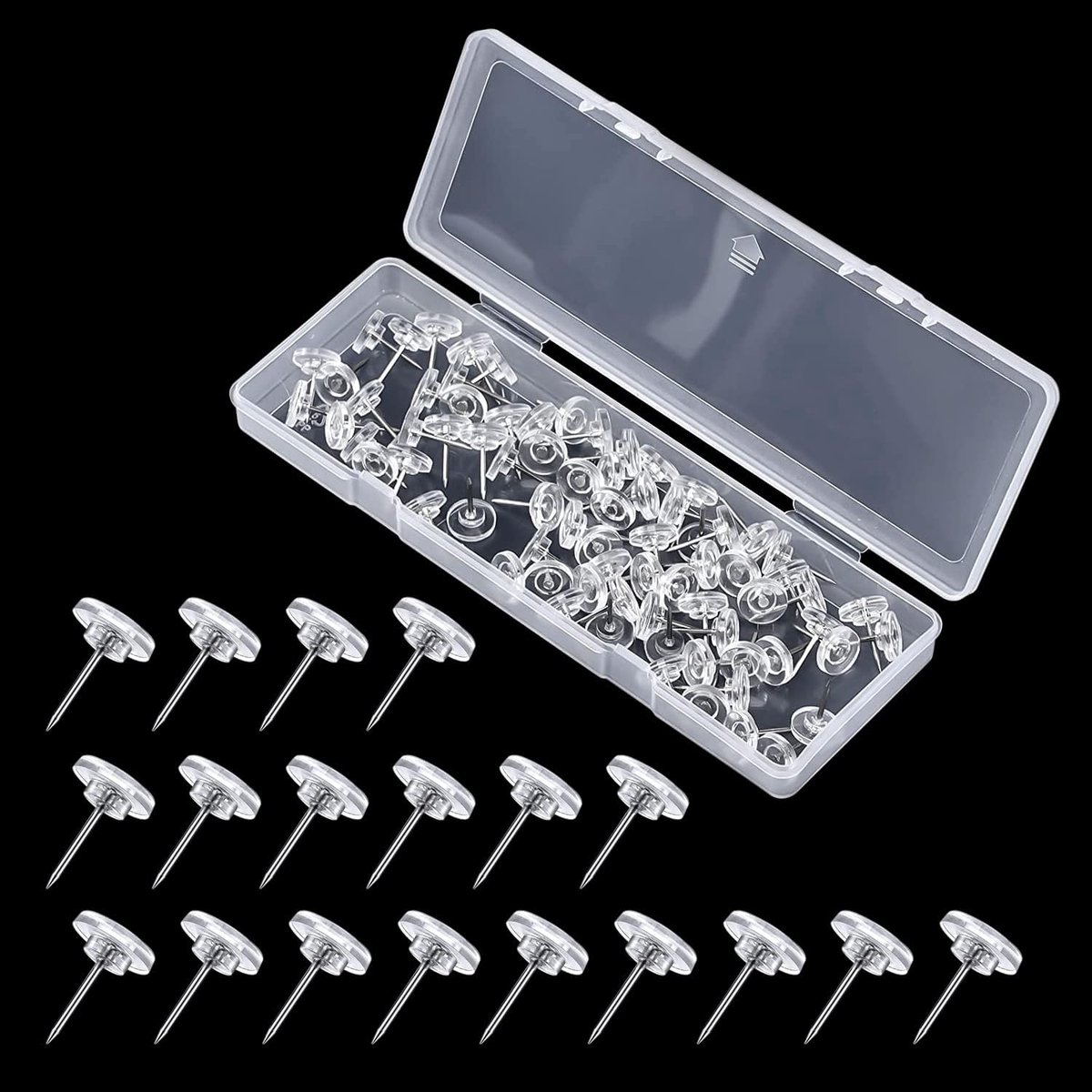 200 stuks transparante push-pins, met 1 plastic doos, decoratieve steeknaalden, punaises met platte kop, kunststof, tekenbord spelden, ronde nagels, gebruikt voor kurkplaat, foto, doe-het-zelf