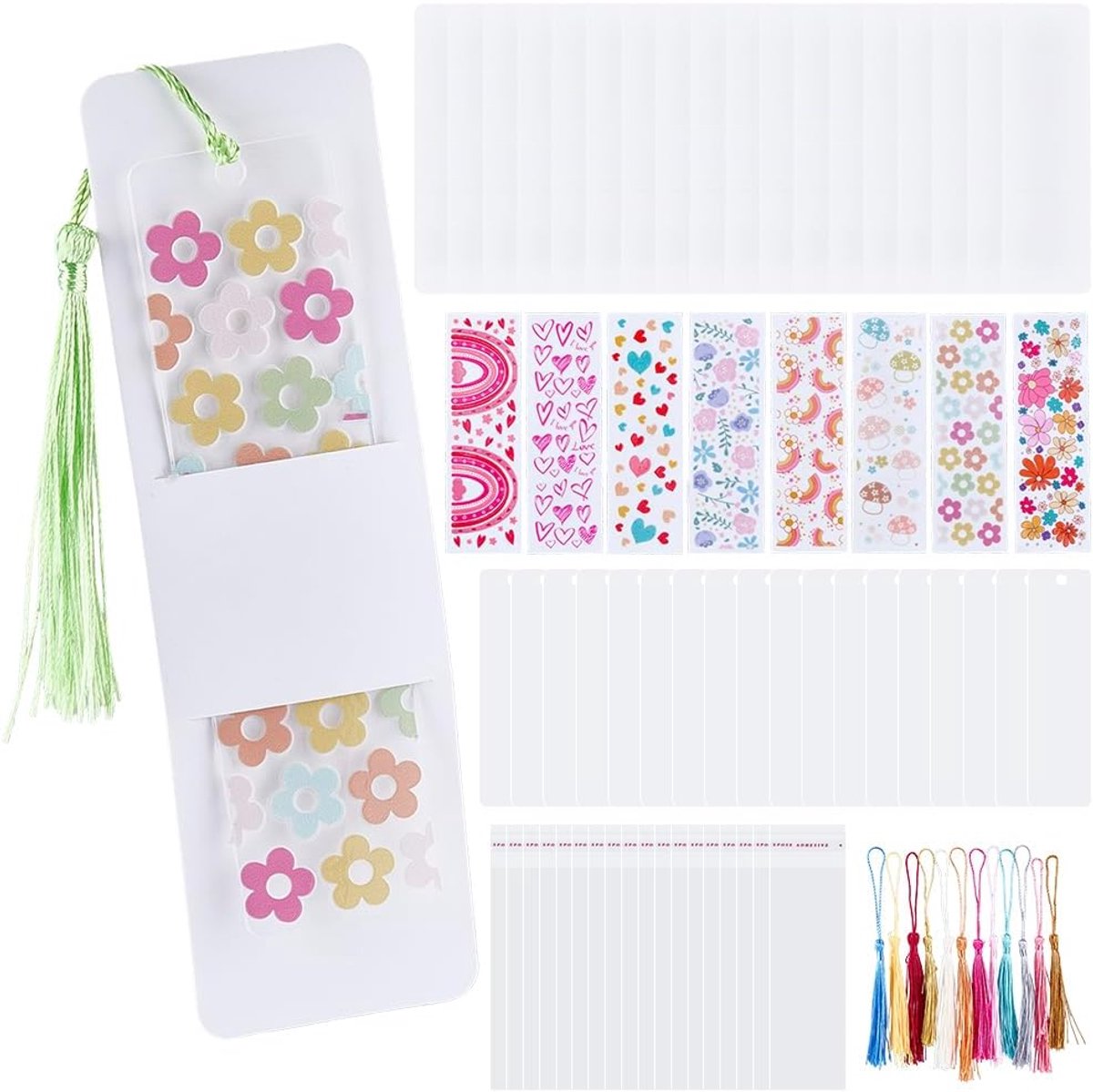 80 stuks acryl bladwijzer blanks set doe-het-zelf bladwijzer maakset met decoratieve kwastjes bloem hart stickers cadeaukaarten en zakjes voor school knutselwerk feestgeschenken