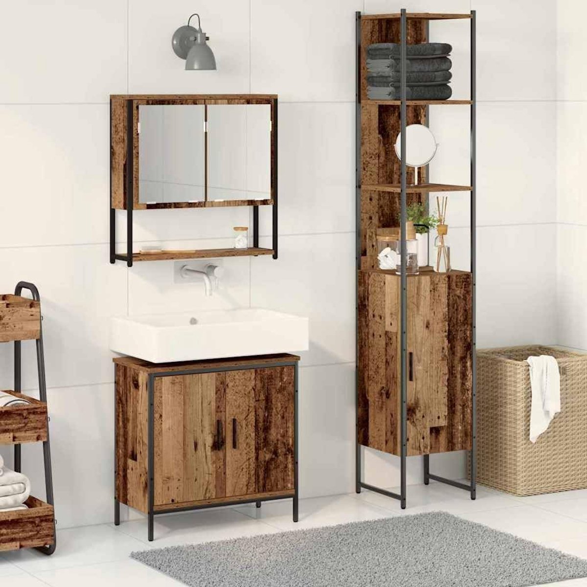 Badkamermeubelset 3 stuks bruin houtmateriaal met spiegelkast