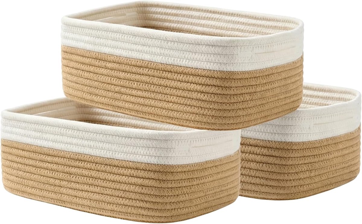 Katoenen touw, opbergmanden, set van 3 met handgrepen, opvouwbaar, stapelbaar, van veilig natuurlijk materiaal, voor badkamer, kinderkamer en woonkamer, wit met linnen