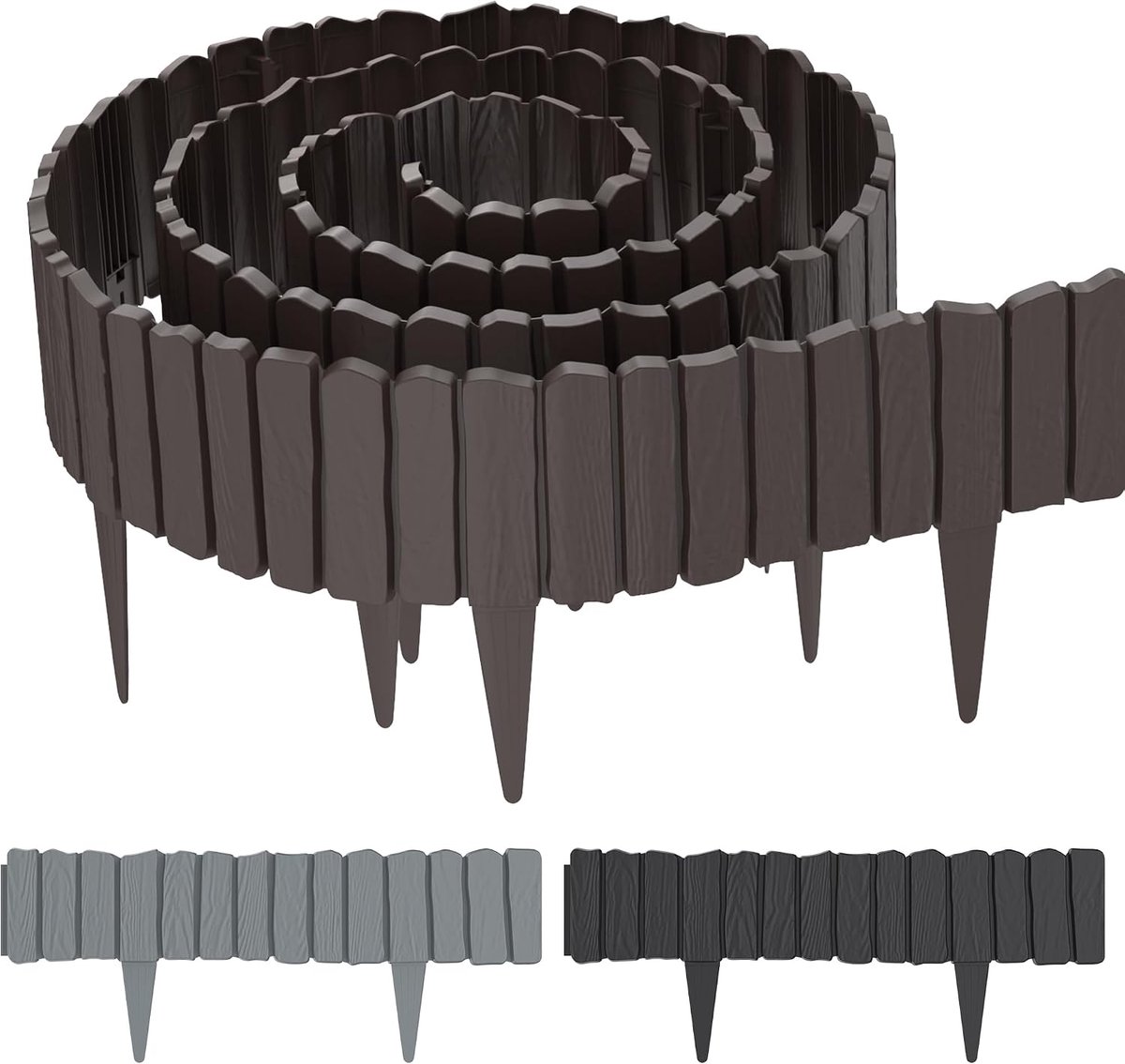 Gazonrand, kunststof, perkrand, tuin, houtnerf, imiteert maaikank, flexibele houten hek, tuindecoratie, tuinpalissade, tuinhek, omheining, bruin, 4 stuks, 2,3 m