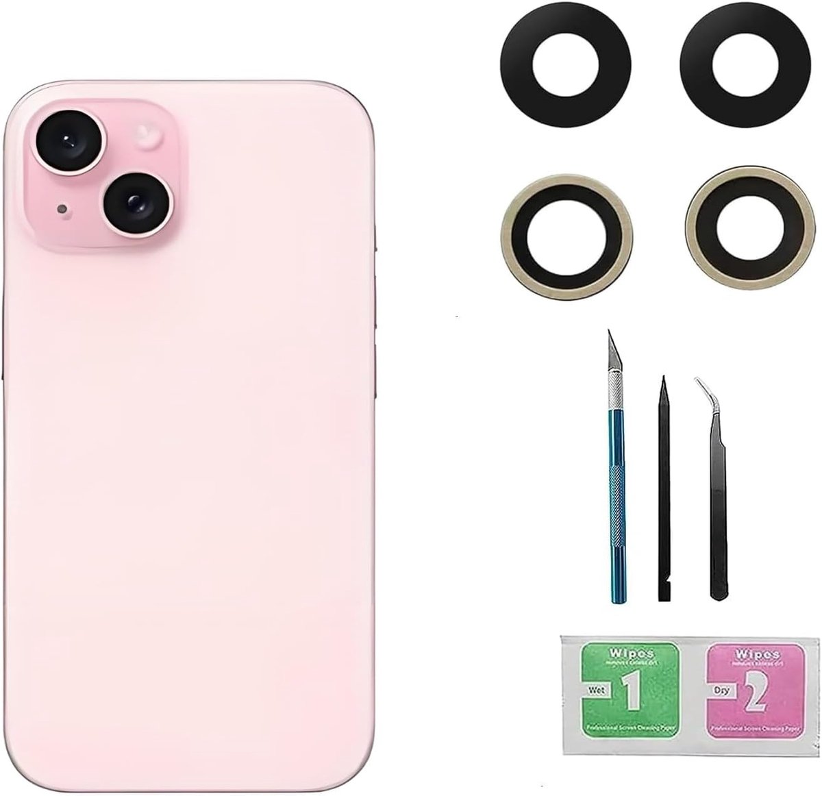 2 stks/set 15 Plus Achteruitrijcamera Lens Vervanging voor iPhone 15 Terug Camera Lens Glas Vervanging met Professionele Reparatie Tool Kit, Anti-Lens Scratch & Waterdicht