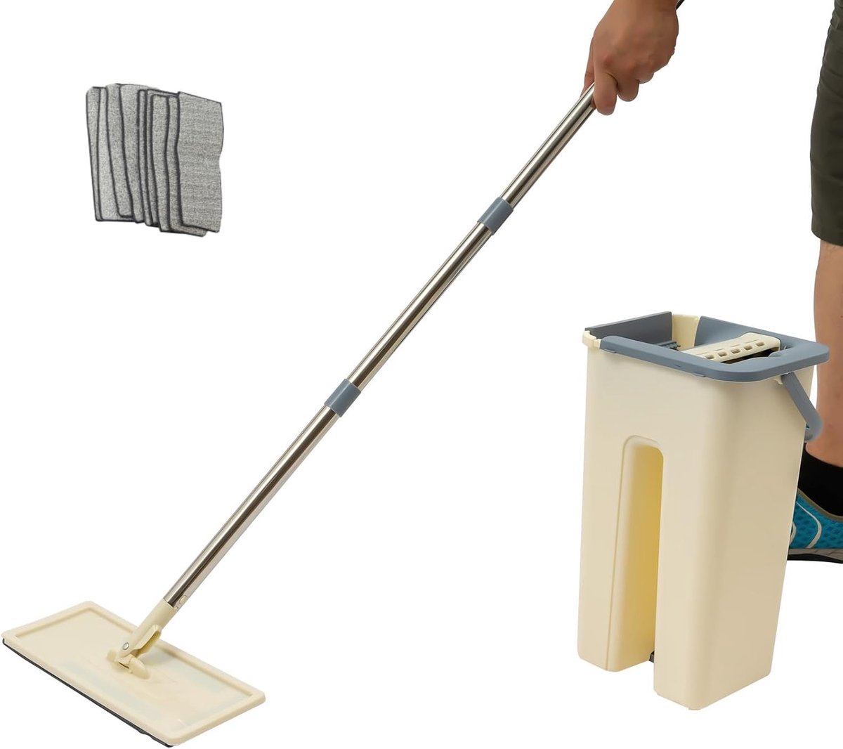 Dweilmop set met 2 emmers, vloerwisser met 10 doeken om te dweilen, 360° draaibare mop, droog- en natte scheiding, mop voor vloerreiniging, raamreiniging