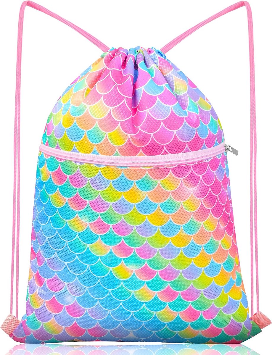 Trekkoord Rugzak Kinderen Meisjes Trekkoord Tassen Draw String Back Bag Cinch tas voor Dans Sport Gym Reizen Zwemmen Strand, Zeemeermin schaal, 13.5*17.5 inches (35*45 cm), Modern