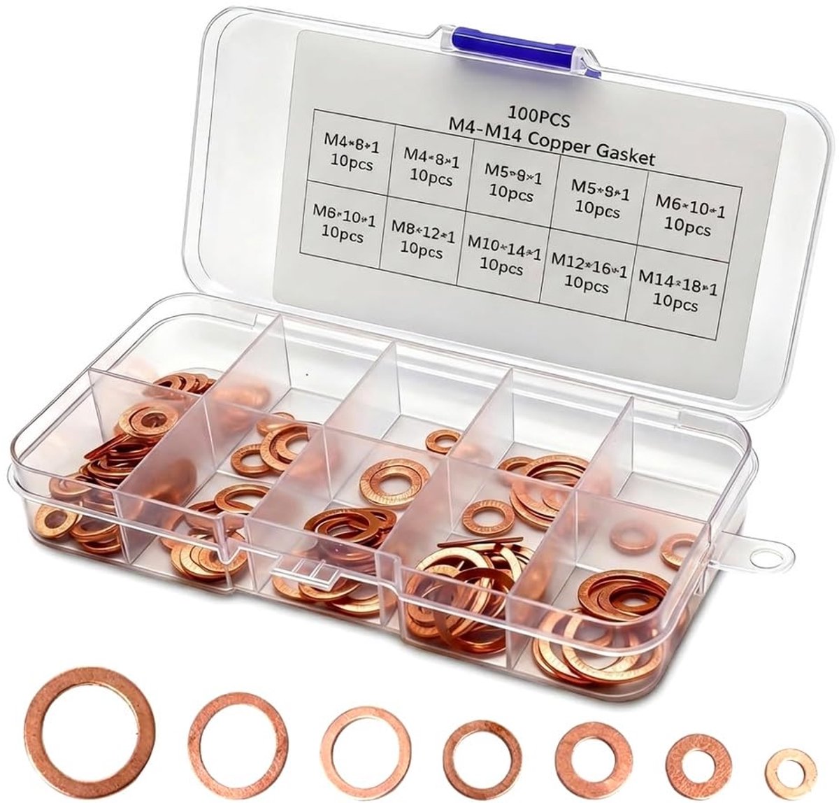 Koperen afdichtringen, 100 stuks koperen ringen assortiment