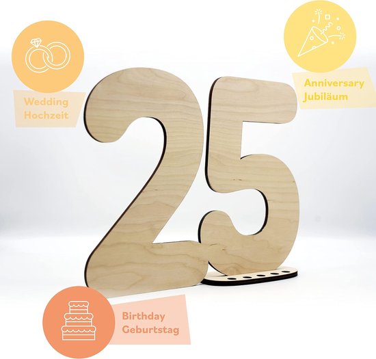 Gastenboek houten decoratief bord nummer 25 - om zelf te beschrijven als cadeau met standaard en verjaardagskaarsenhouder - voor decoratie van 25e verjaardag, 25e verjaardag of bruiloft — afbeelding 4