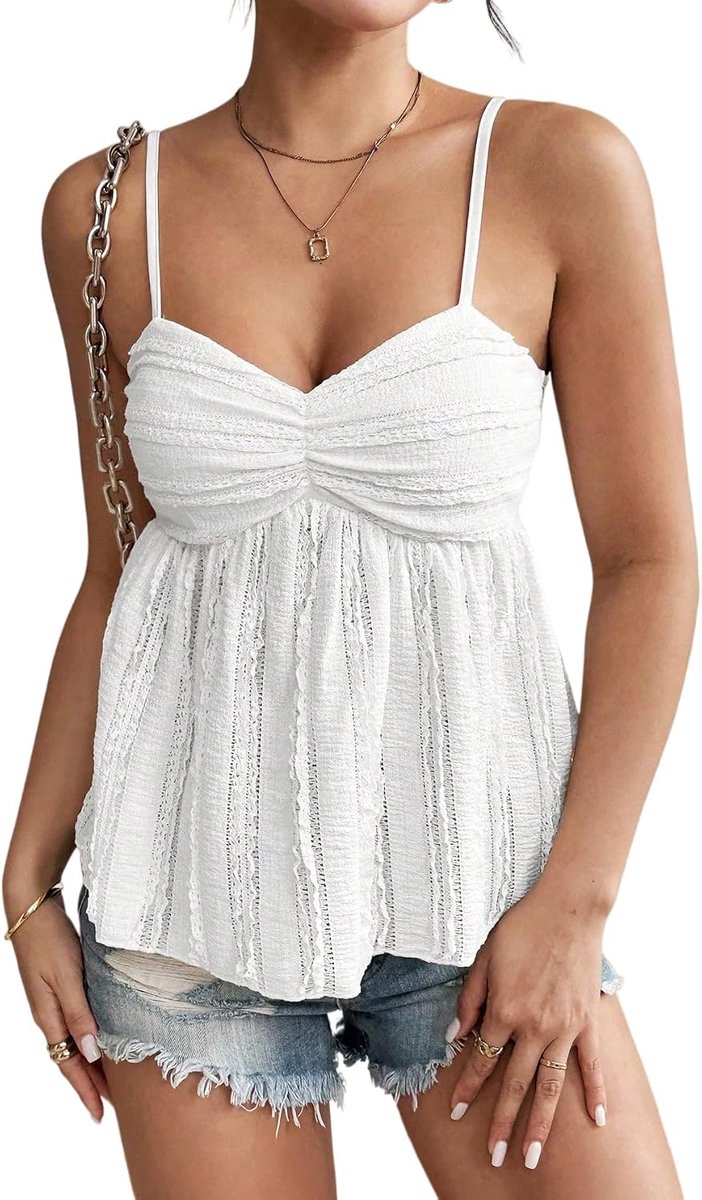 Vesttops voor vrouwen, UK zomer Sweetheart hals mouwloos cami top sexy ruches spaghettiband kant tank top schattig peplum babydoll-hemdje blouse casual rugvrij uitgaan tops voor strandfeest