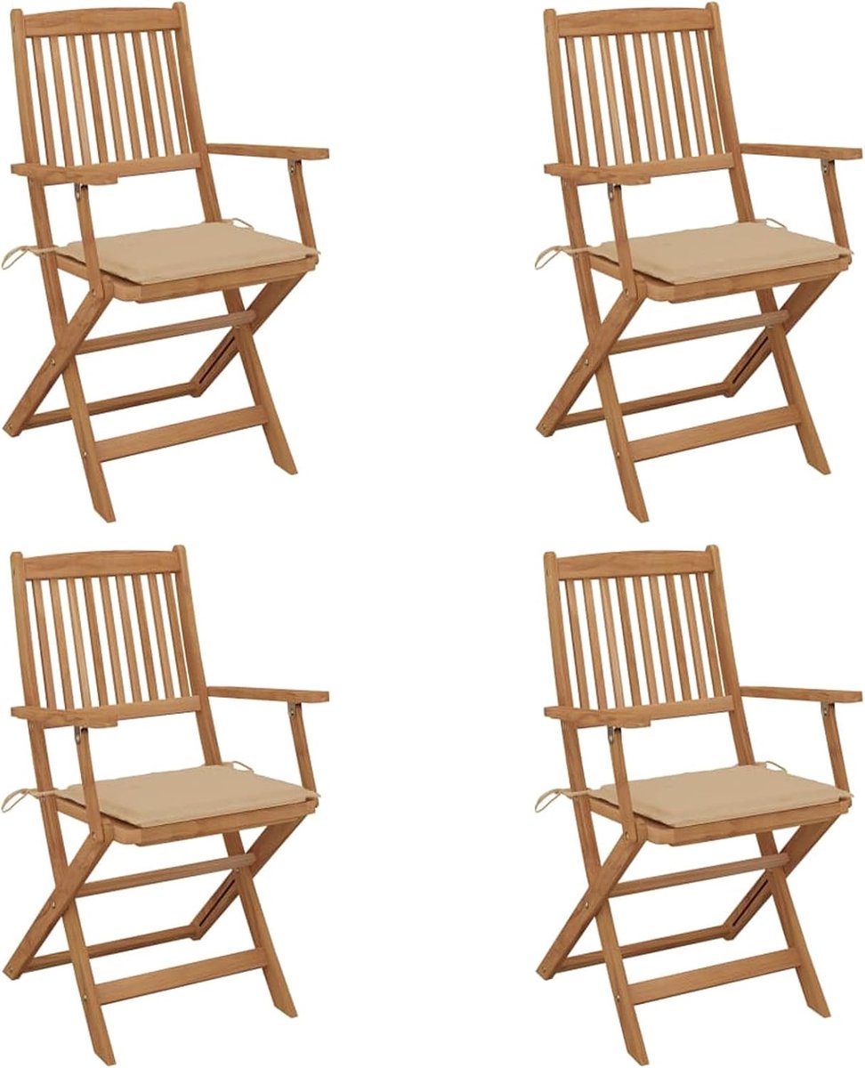 4 stuks inklapbare tuinstoelen met beige kussens, klapstoel, eetkamerstoel, balkonstoel, zitstoel, terrasstoel, hoge rugleuning, tuinmeubelen, zitmeubel, massief acaciahout