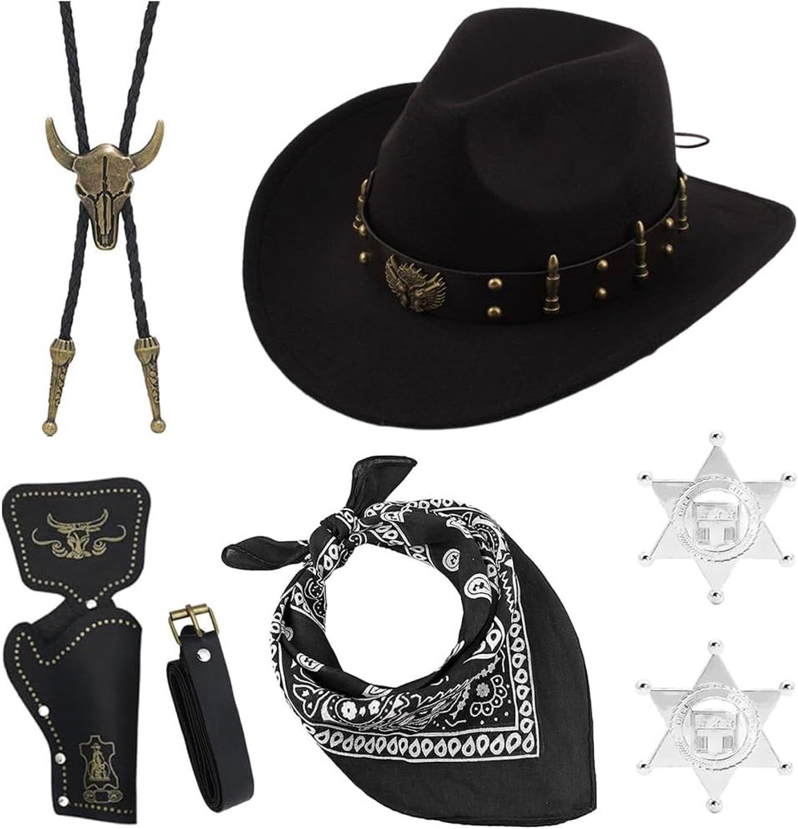 7PCS Western Cowboyoutfits Cosplayaccessoires Fancy Dress Sets met Cowboyhoeden Bandana Holster Riem Ketting Badge Cowboyhoed Kostuumaccessoires voor Carnaval(Zwart)