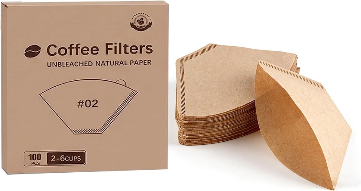 Koffiefilters maat 02 V-vorm voor smaakneutrale koffie, 100 stuks filterpapier, bruin, ongebleekt, 130 mm kegelvorm voor handfilters en koffiezetapparaten, filterzakken cellulosestof