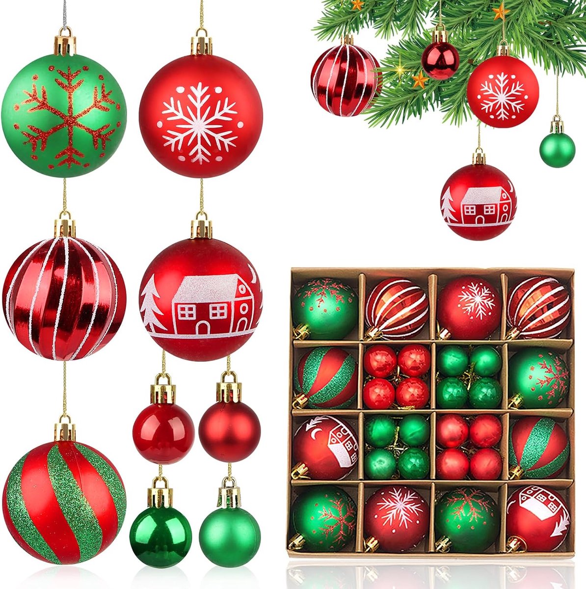 Kerstballen, 44 stuks, 60 mm, 3 mm, rood, groen, kunststof, kerstdecoratie, kerstboomversiering, decoratie, bruiloft, feest