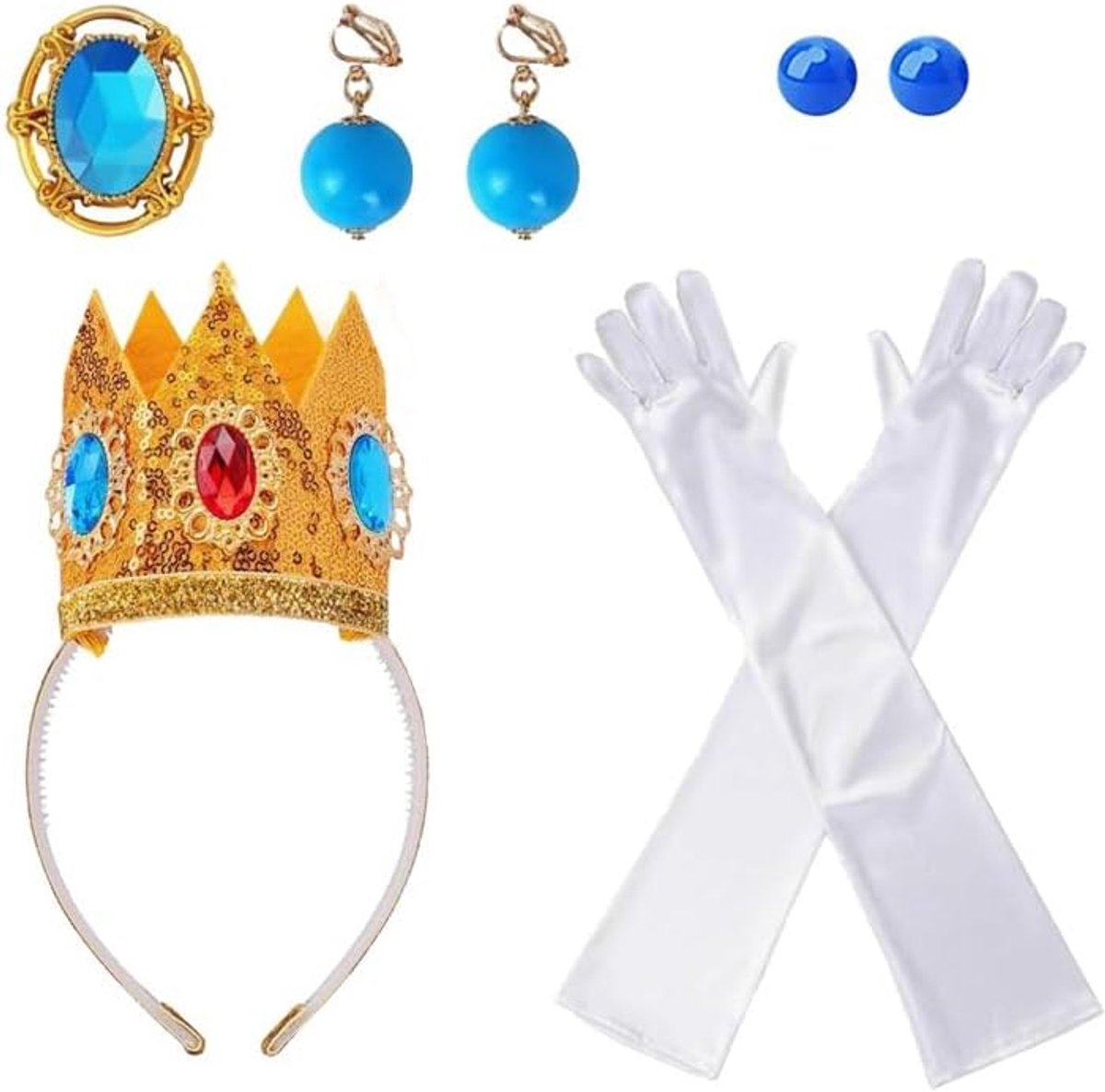 Prinsessenkostuum voor meisjes, 8 stuks, prinsessenkostuumset, met kroon, broche, 4 oorbellen, 2 handschoenen voor verjaardagsfeest, cosplay verkleedpartij, meisjesdecoratie