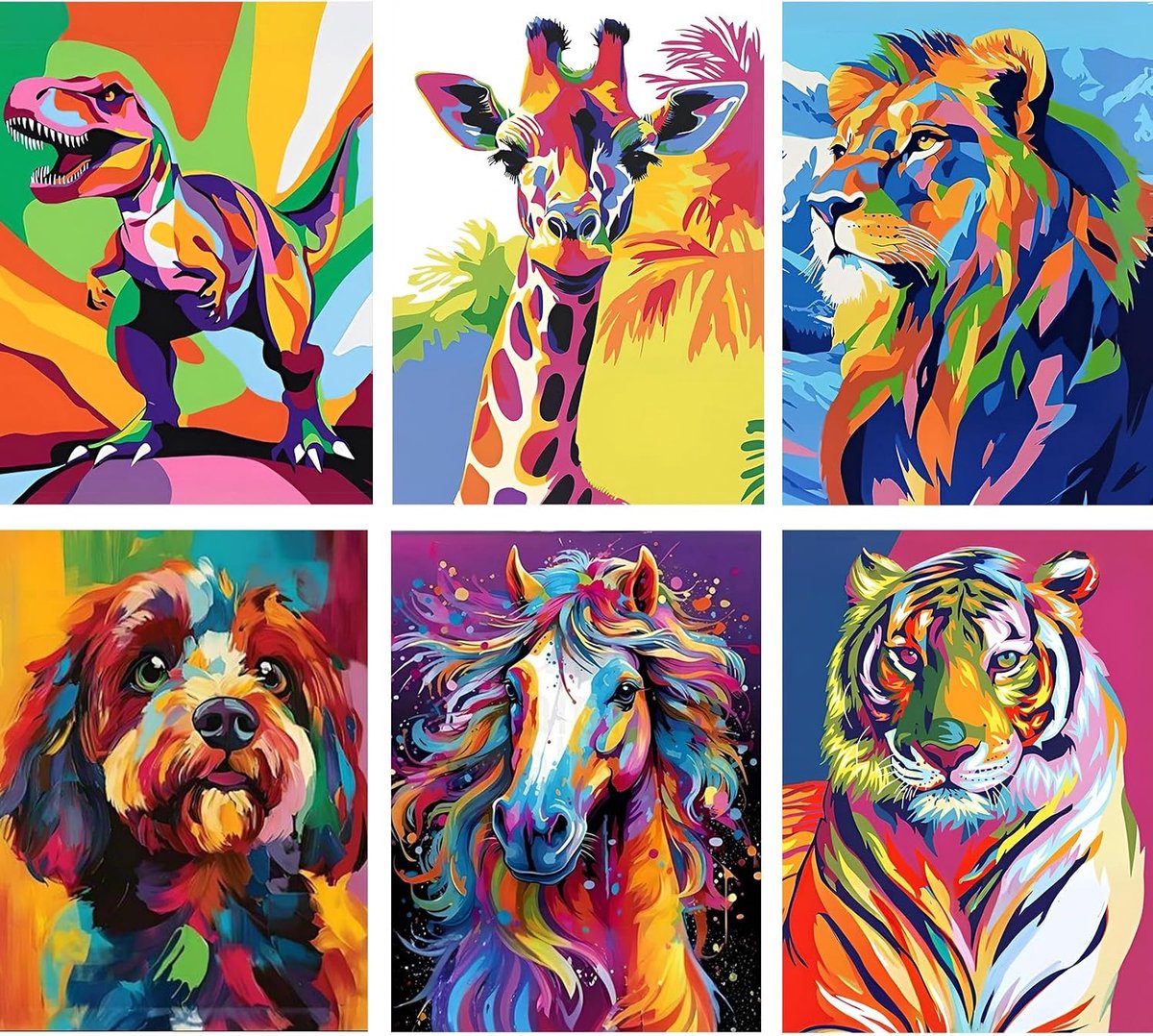 6 stuks diamantkunstkits voor volwassenen en beginners, kleurrijke dieren diamant schilderij, 5D doe-het-zelf volledige boor dinosaurus tijger diamant schilderij geschenken voor woondecoratie