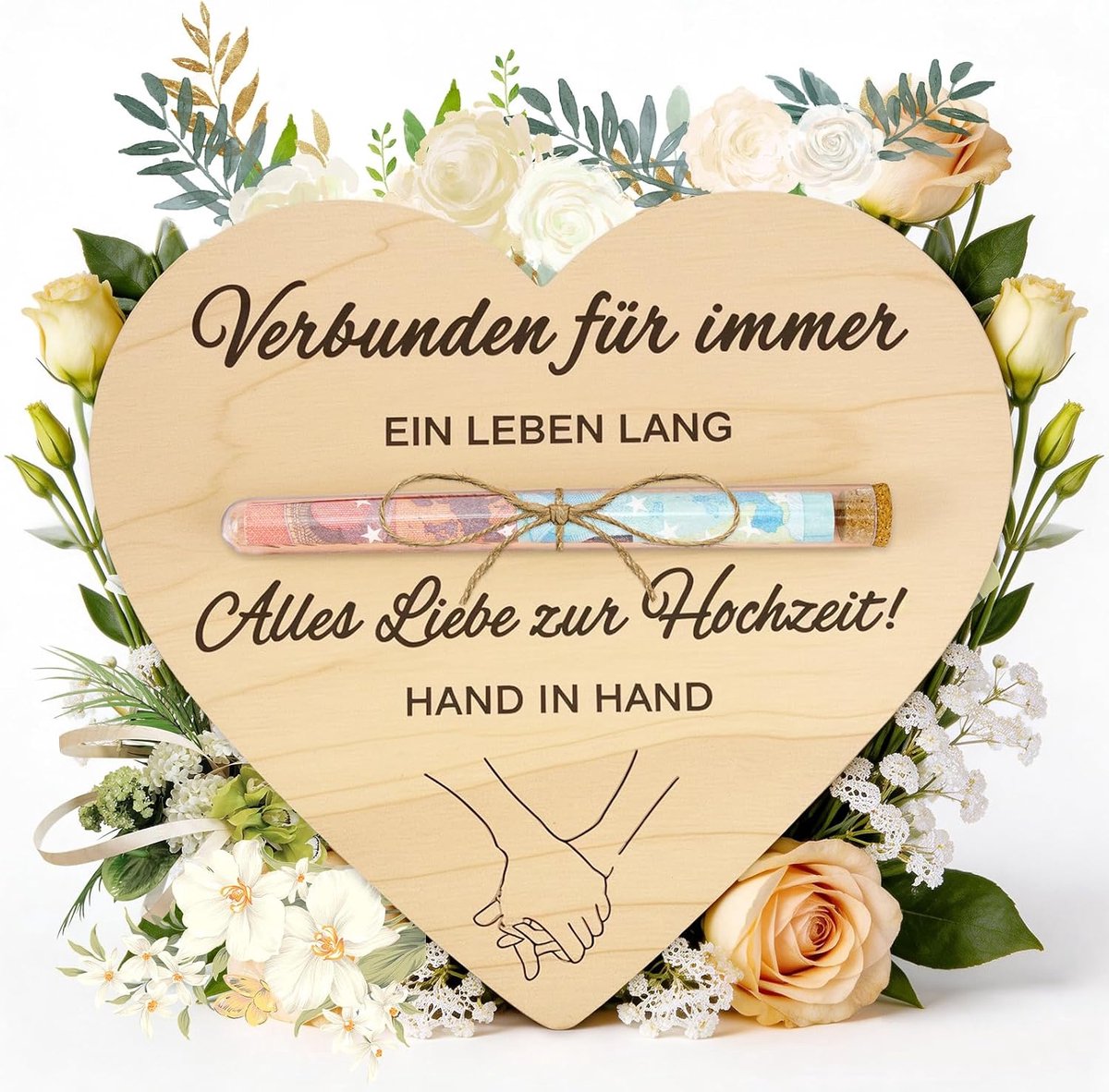 Geldcadeau bruiloft, huwelijkscadeaus voor bruidspaar, geldcadeaus verpakt in reageerbuis, gepersonaliseerde ideeën voor huwelijkscadeaus, houten verpakking voor cadeaubon voor bruiloft Valentijnsdag