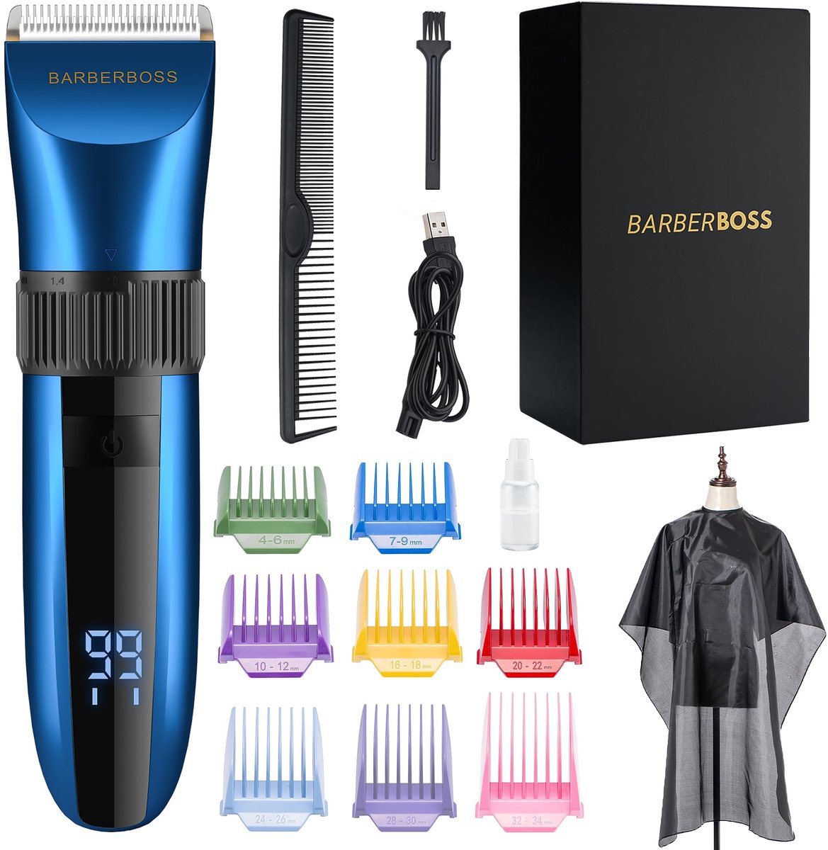 Baardtrimmer - Waterdichte Draadloze Haartrimmer met Keramische Messen, LED-display en 8 Opzetkammen