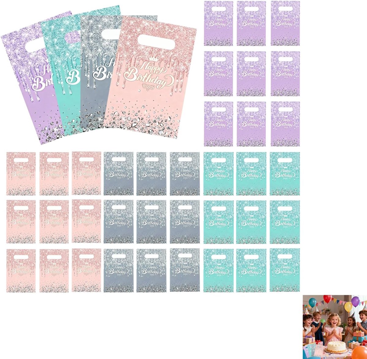 40 geschenkzakjes voor verjaardag, Happy Birthday, voor kinderen, snoeproze kunststof zakjes met feestelijk motief, ideaal voor het verpakken van snoep, koekjes en verrassingen