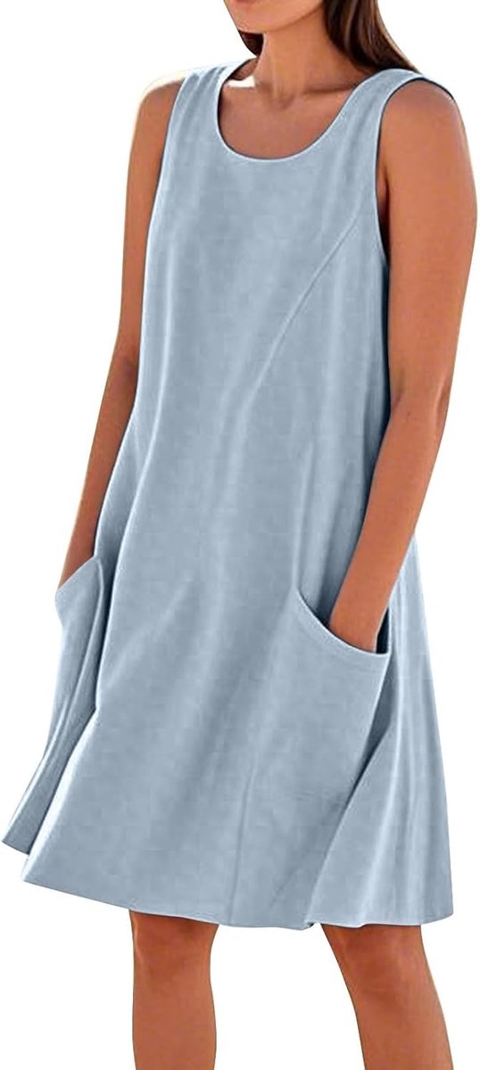 Strandkleider Damen Leinen Kleider Knielang Casual Sommerkleid Leicht und Luftig Ärmellos Boho Kleid Sommer Leinen Baumwolle Freizeitkleid mit Taschen Lässig Tank Leinenkleid A Linien Kleid