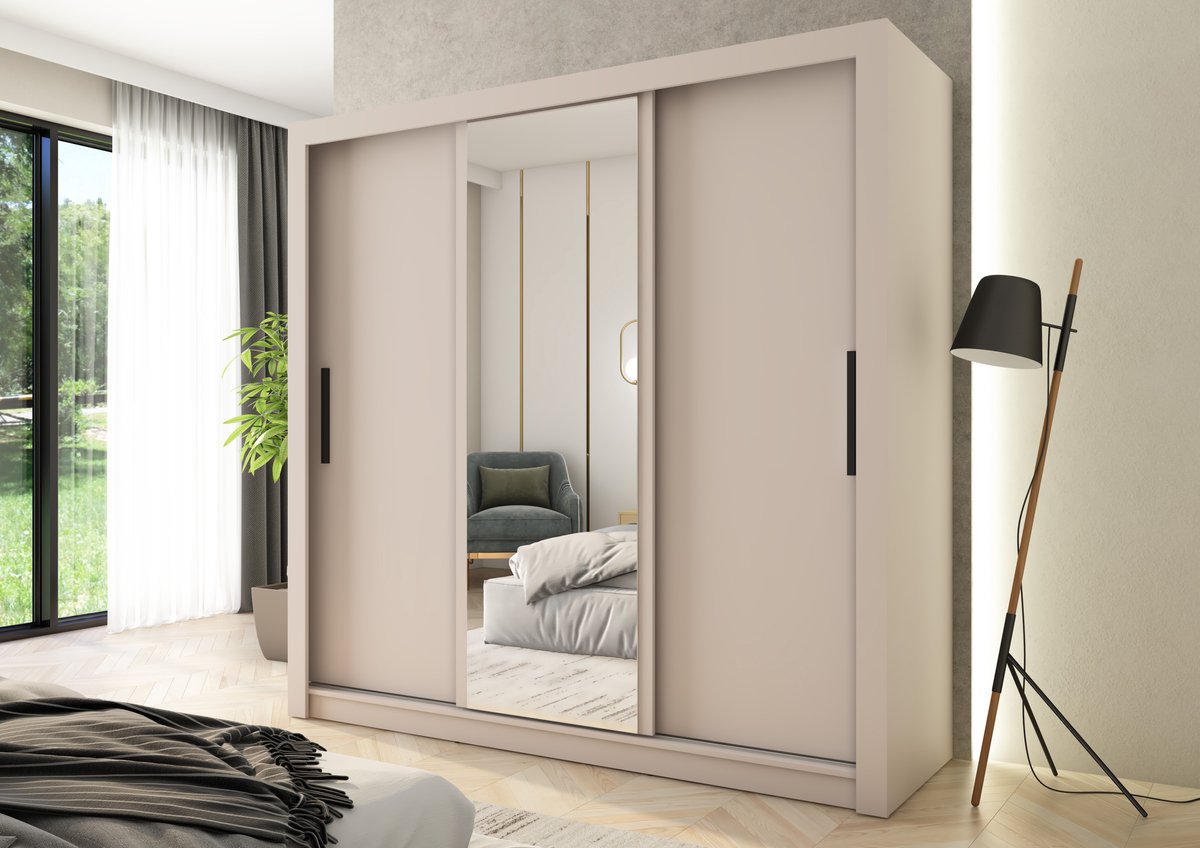 Promeubels - Kledingkast Miami - Beige - 205cm - met spiegel - Garderobekast - Slaapkamer - Kast - Schuifdeuren