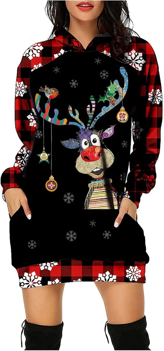 Weihnachtspullover Kleider Damen Rot Weinglas Lang Kapuzenpullover Weihnachten Pullover Sweatshirt Weihnachts Hoodie Lang Baumwolle Sweatkleid Weihnachtskleid Weihnachtspulli Christmas Sweater Frauen