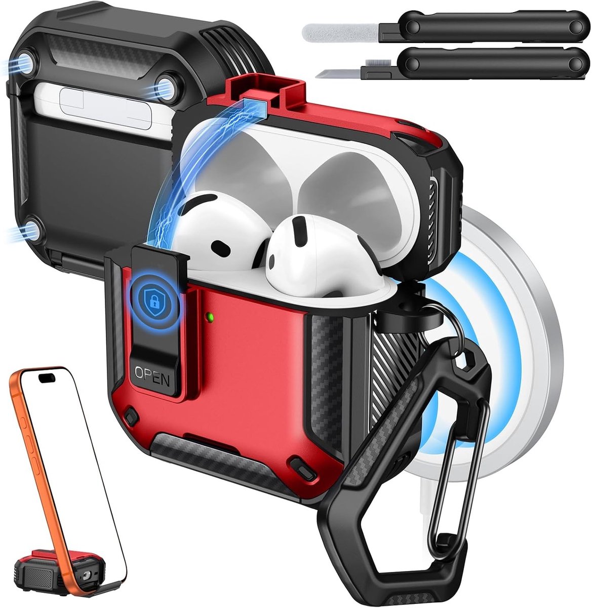 Veiligheidslock hoes voor AirPods 4 (2024), Robuuste bescherming, Rood en Zwart, Schokbestendig en Duurzaam