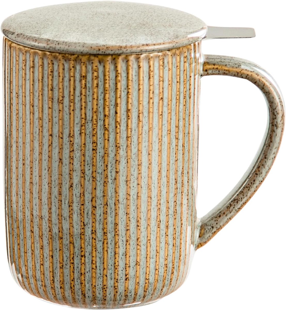 470ml keramische vlam theekop met deksel en zeef, gestreepte grote theemok - Flambe Grey
