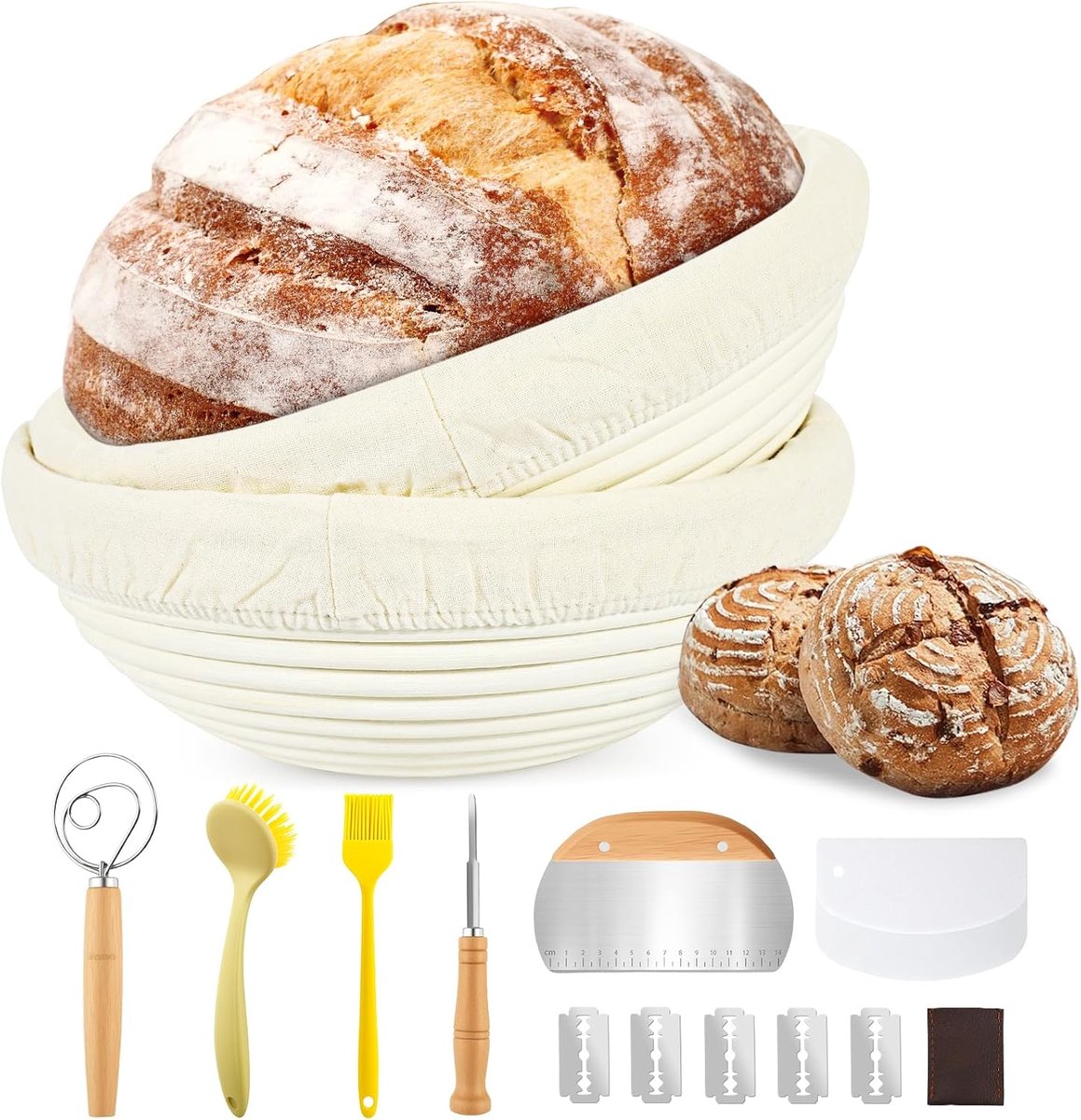 Fermentatiemandje om brood te bakken, 2 x 23 cm, ronde broodmandjes van natuurlijk rotan, inclusief garde, deegschraper, siliconen borstel, bakkersmes, voor thuis en professioneel