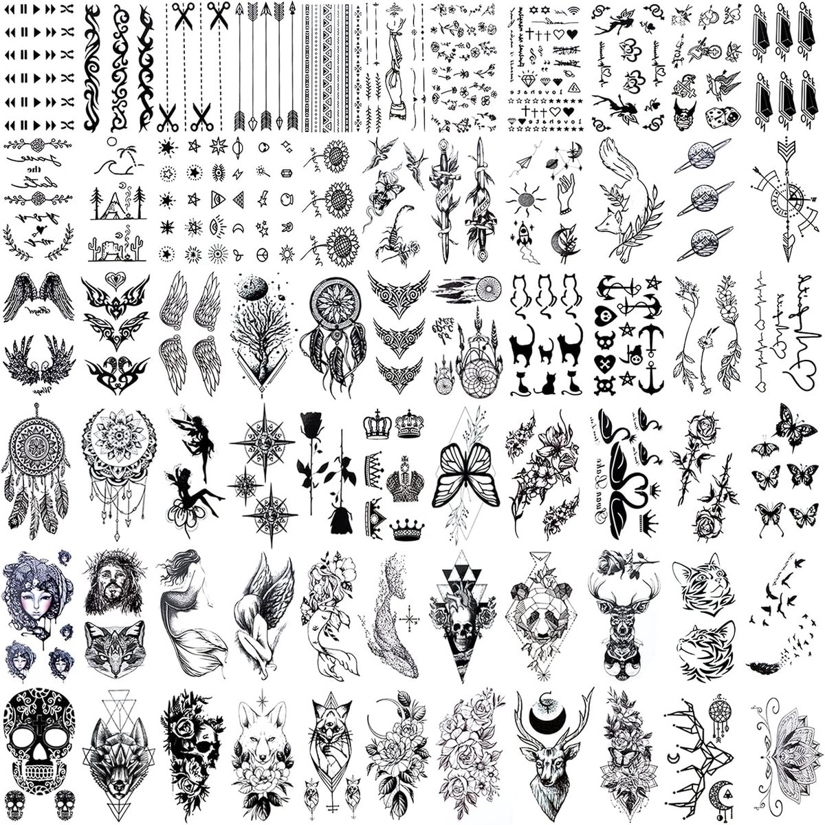 Tijdelijke tatoeages, klein, realistische neptatoeages, waterdicht, voor dames, heren, volwassenen en kinderen, zwart, 66 vellen