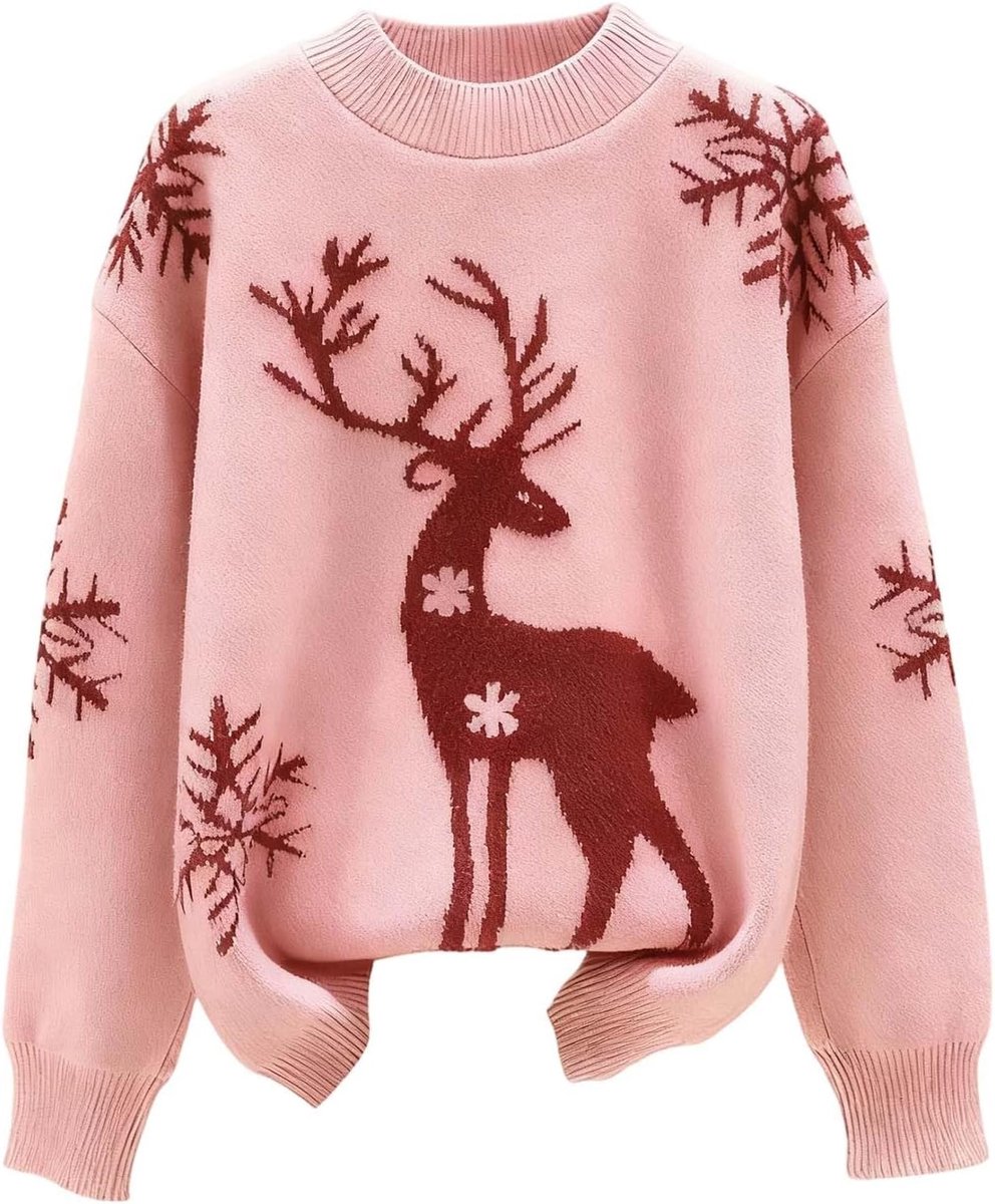Stijlvolle gebreide trui met hertenpatroon voor gezellige, losse pasvorm, ronde hals, casual bovenstuk, zachte, modieuze winter-/tuniek