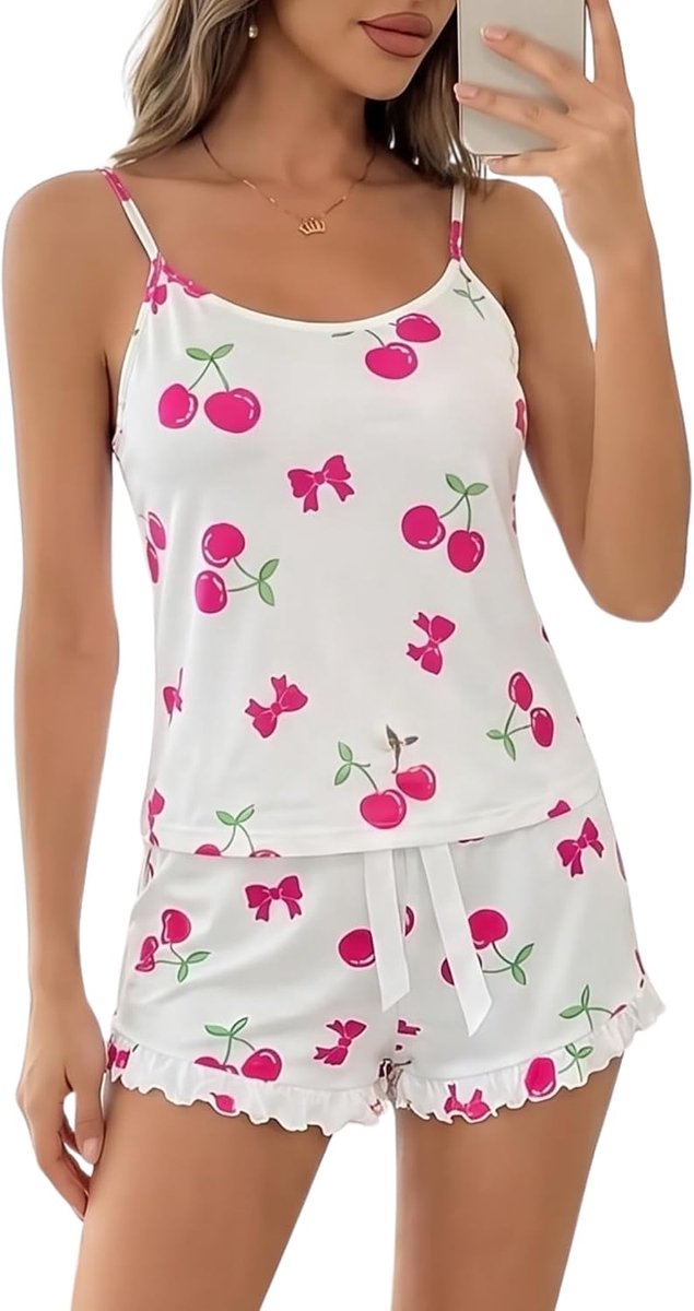 Damespyjama-set met korte bandjes en shorts, ademend, ronde hals, kersenprint, mouwloos, letters, S, normaal, wit