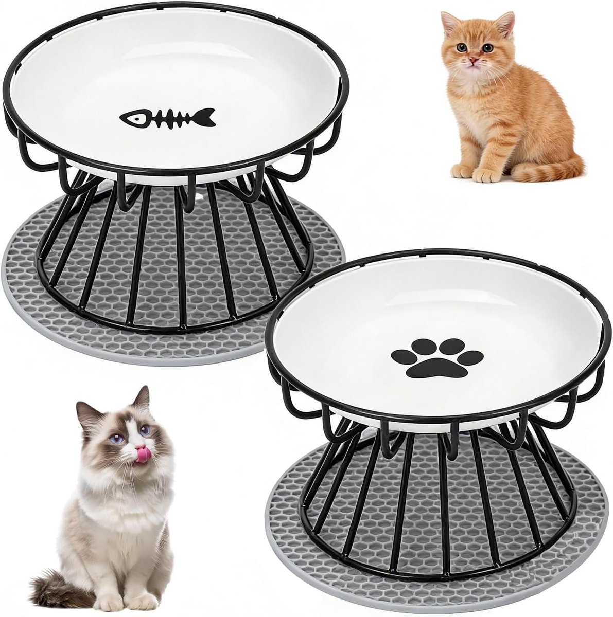 Kattenbak, voederbak katten, witte platte brede voer, ronde keramische kom kat tegen vermoeidheid van snor (variant met metalen frame, 2 stuks)