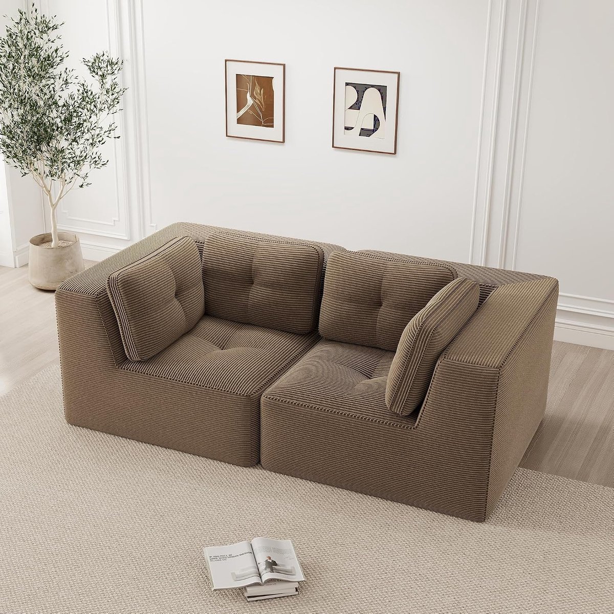 Modulaire Corner Sofa Modern Corduroy Loveseat, Configureble L-shaped, comfort & lage zit-ondersteuning zonder montage 32D zeer elastisch schuim boneless sofa, voor woonkamer (bruin, 2-zits)