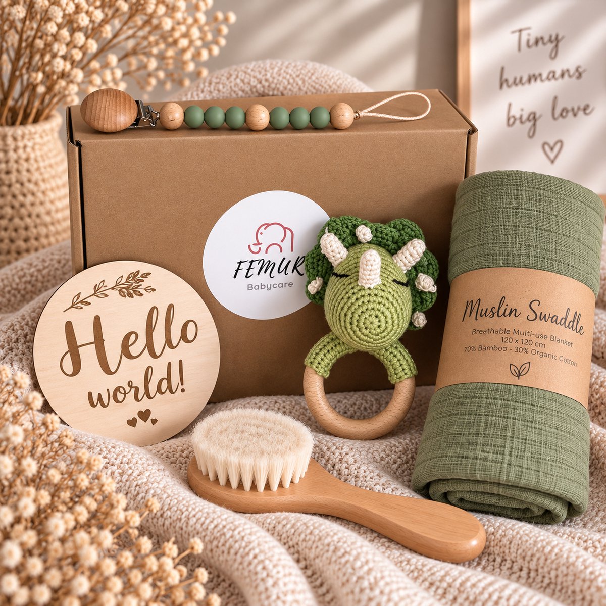 Baby Geboorte Set – Baby Speelgoed – New Born Set – Geschenk Set - Kraamcadeau – Babyshower – Gender Reveal Party - Bijtring – Handgemaakt – Natuurlijke Materialen – Speenkoord - Dino