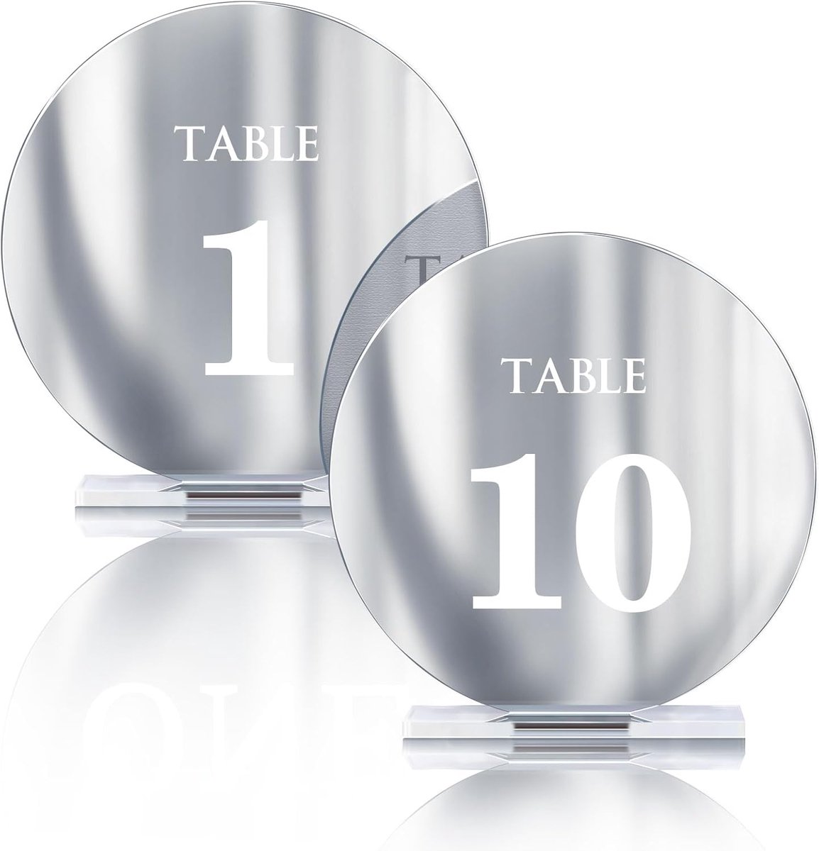 Bruiloft tafel nummers 1-15 met standaards, 4,8 "ronde spiegel gouden tafel nummerborden en houders voor bruiloft receptie, feest, evenement, middelpunt decoratie (zilver, 1-10)