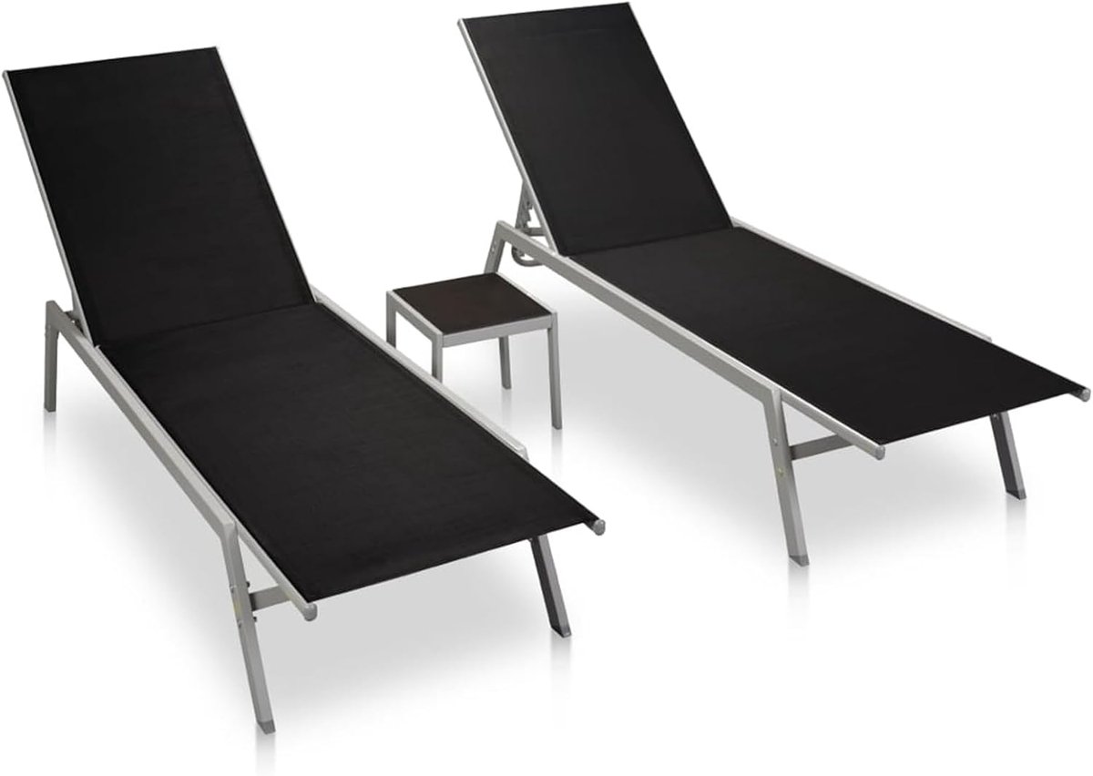 Ligstoelen met tafel, 2 stuks, van staal en zwart textiel