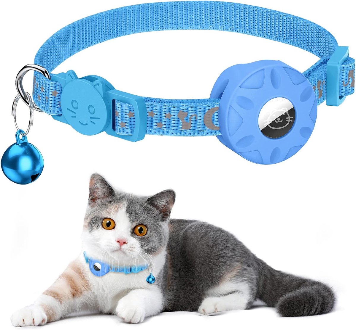 Kattenhalsband, geïntegreerde kattenhalsband AirTag met AirTag-houder en bel, reflecterende kattenhalsband met afneembare veiligheidsgesp voor kittens puppy's (blauw)
